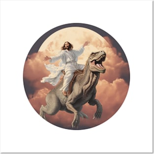 Jesus riding T-Rex in the heaven Posters and Art